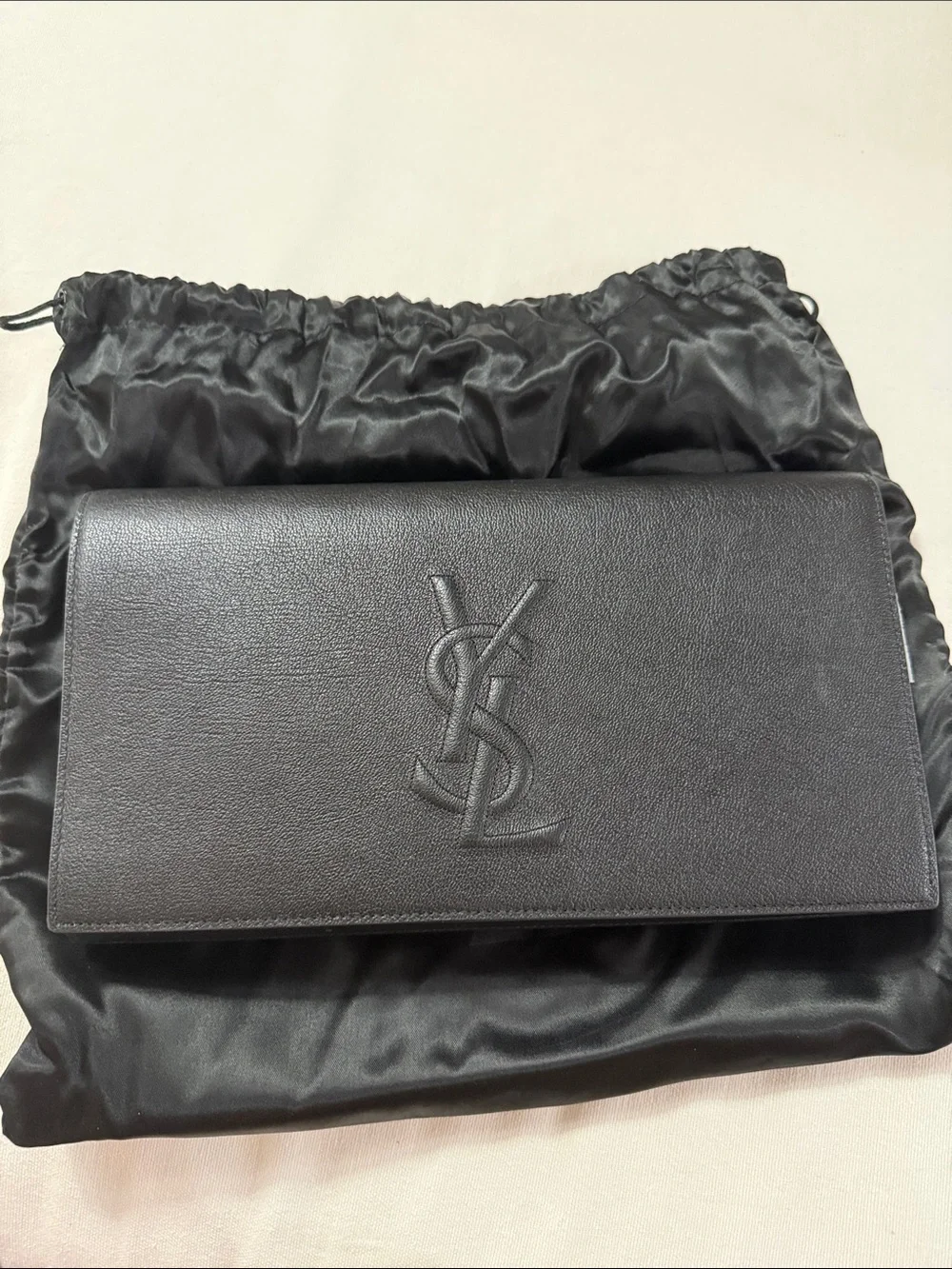Saint Laurent Black Leather YSL Embossed  Clutch